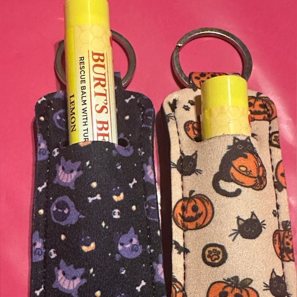 Halloween Lipstick Holder Keychain Burts Bees lip balm pumpkin bat cat